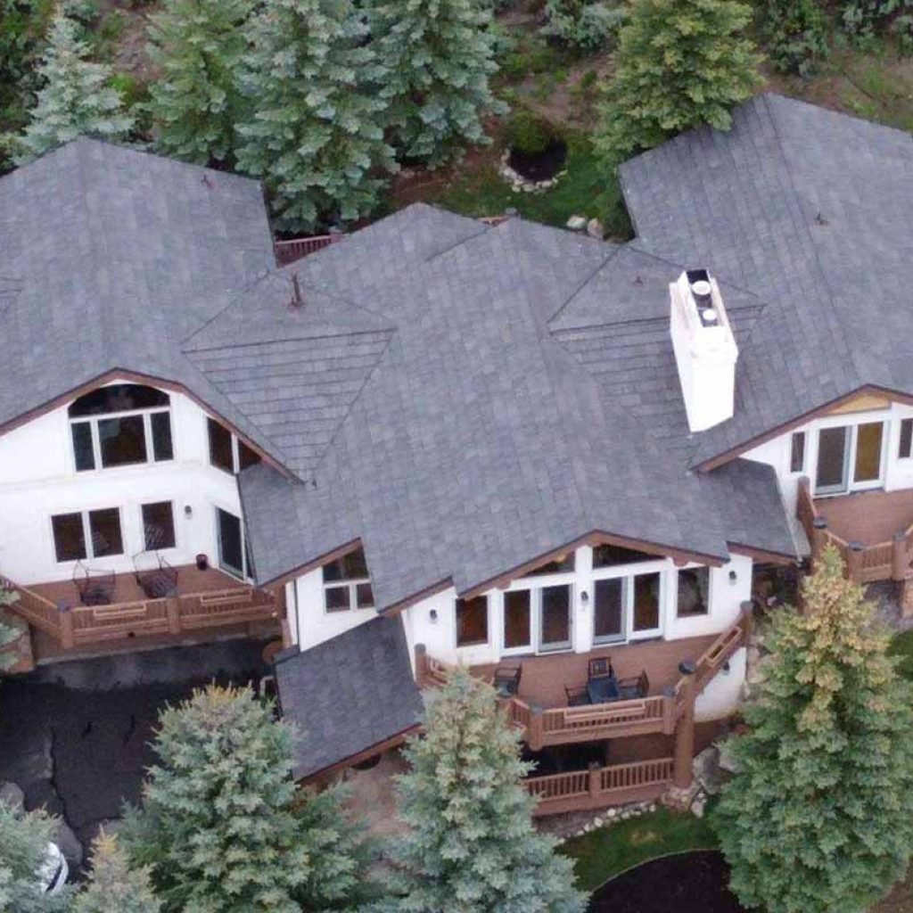 An aerial view of a residential roofing project in Denver, Colorado.