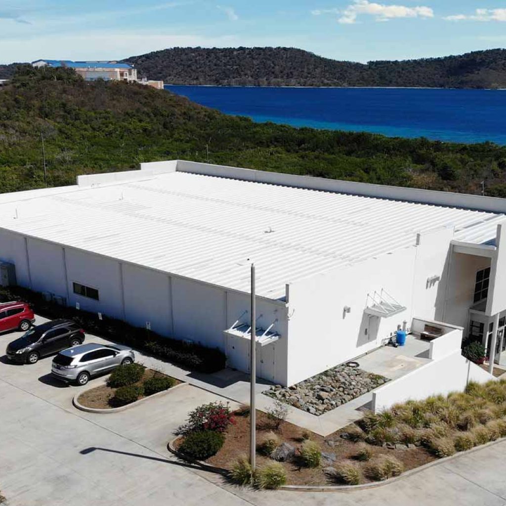 An aerial view of a USVI coating commercial roofing project.