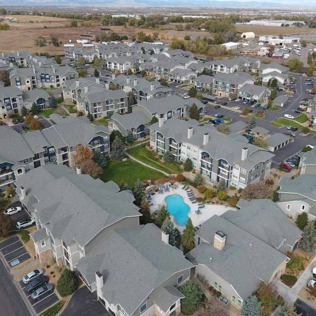 An aerial view of a multi-family roofing project in Denver, Colorado.